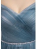 Blue Tulle Off Shoulder Elbow Sleeves Long Evening Dress